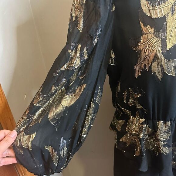 Vintage Patra Black and Gold Blouson Style Midi Cocktail Dress USA Made Size 12 - Picture 4 of 11